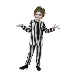 NWT Beetlejuice Halloween Costume Child Boys Large Black Striped Jumpsuit Rubies